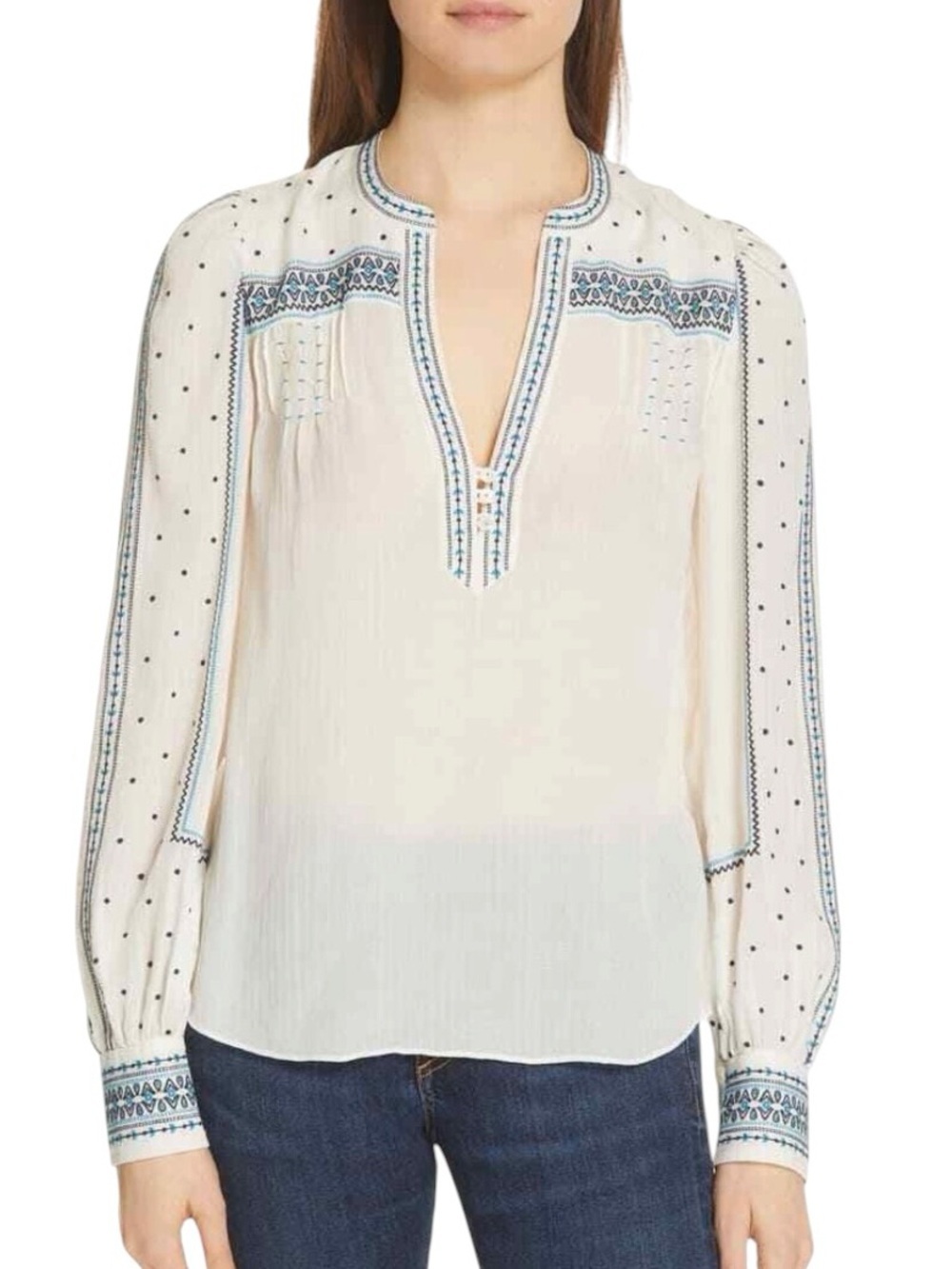 Veronica Beard Carta Embroidered V-Neck Blouse Boho Chic Silk-Cotton Blend Sz 4